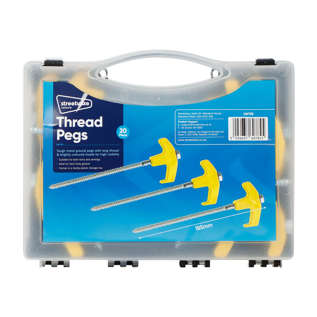 Streetwize 20-piece threaded screw-in tent pegs for hard ground – heavy-duty and reliable