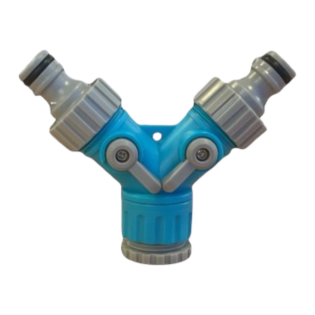 Dual tap splitter with shut-off valves for garden hose or caravan water supply