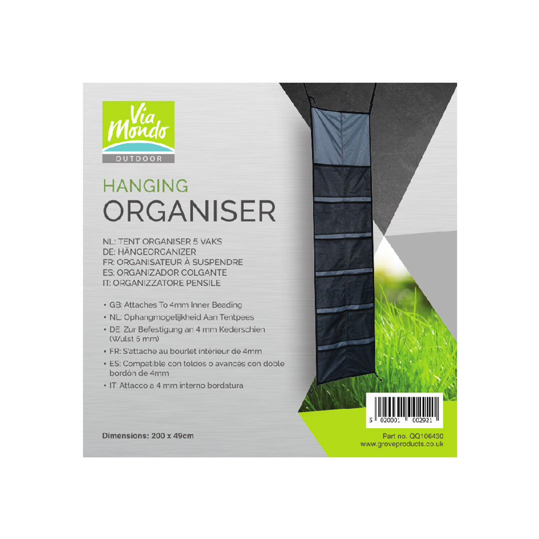 Via Mondo tent and awning hanging storage organiser with 12 pockets and 4mm rail attachment