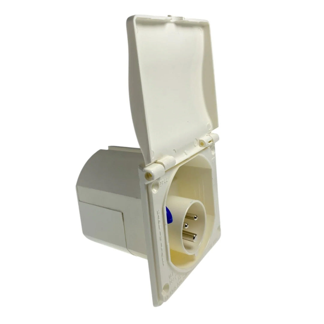 Angled view of W4 flush mains inlet white with cover open, 16A 230V CEE17