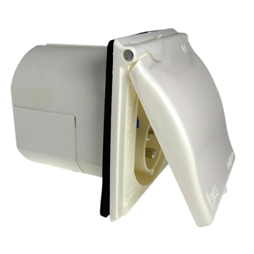 Side view of W4 flush mains inlet showing housing depth and gasket, white (20013)