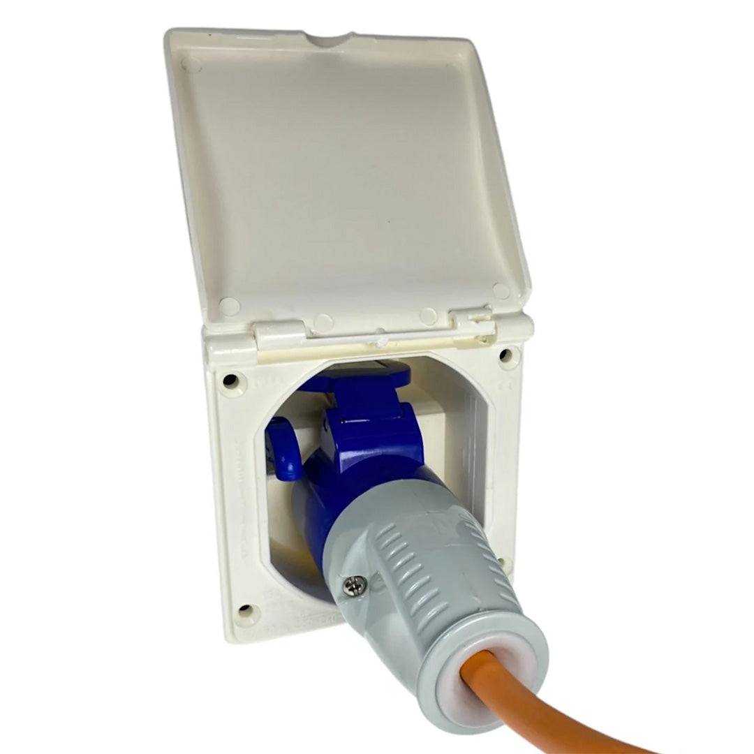 W4 flush mains inlet shown with 16A CEE hook-up plug connected, lid open (20013)