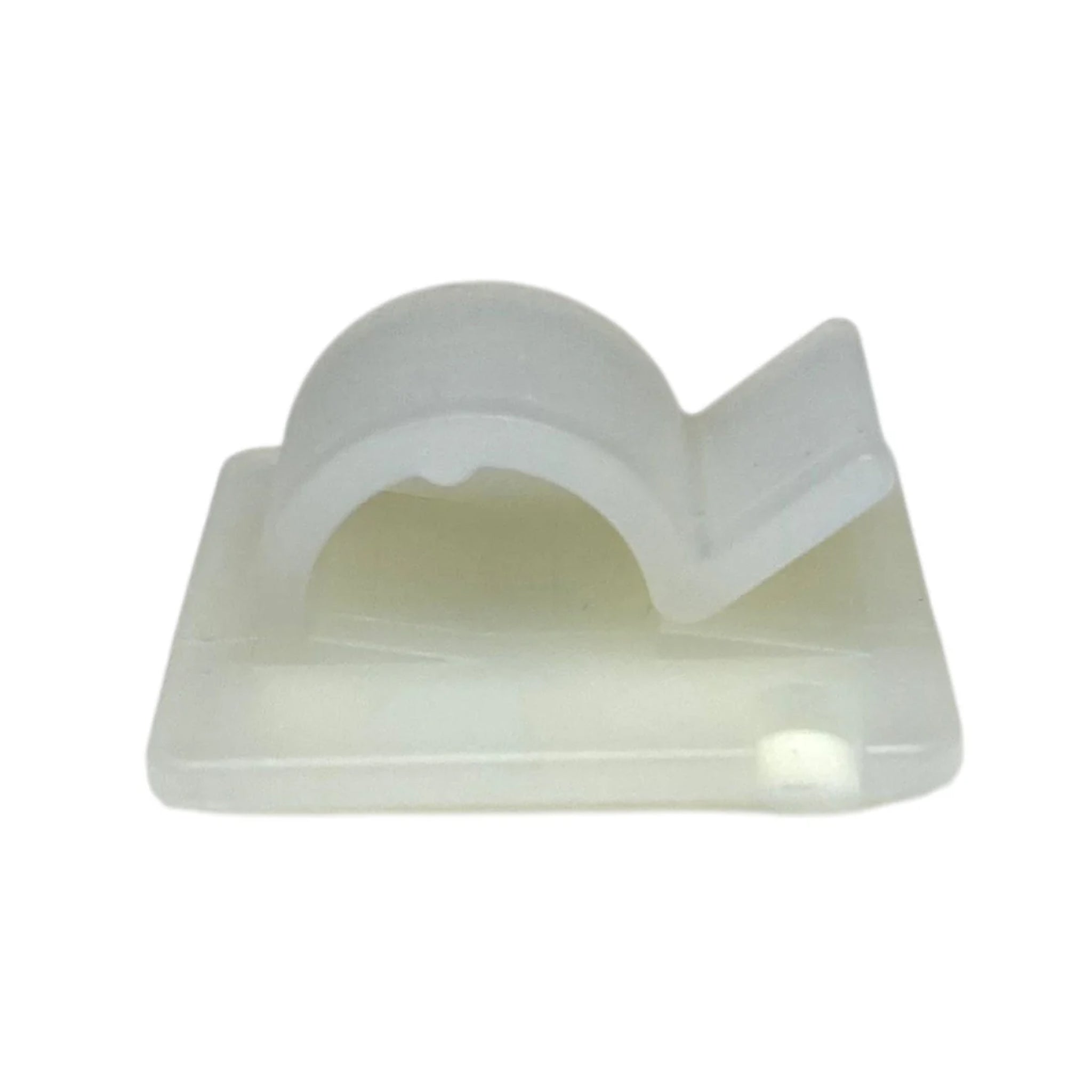 Side view of W4 self adhesive cable clip showing curved cable holder and backing plate