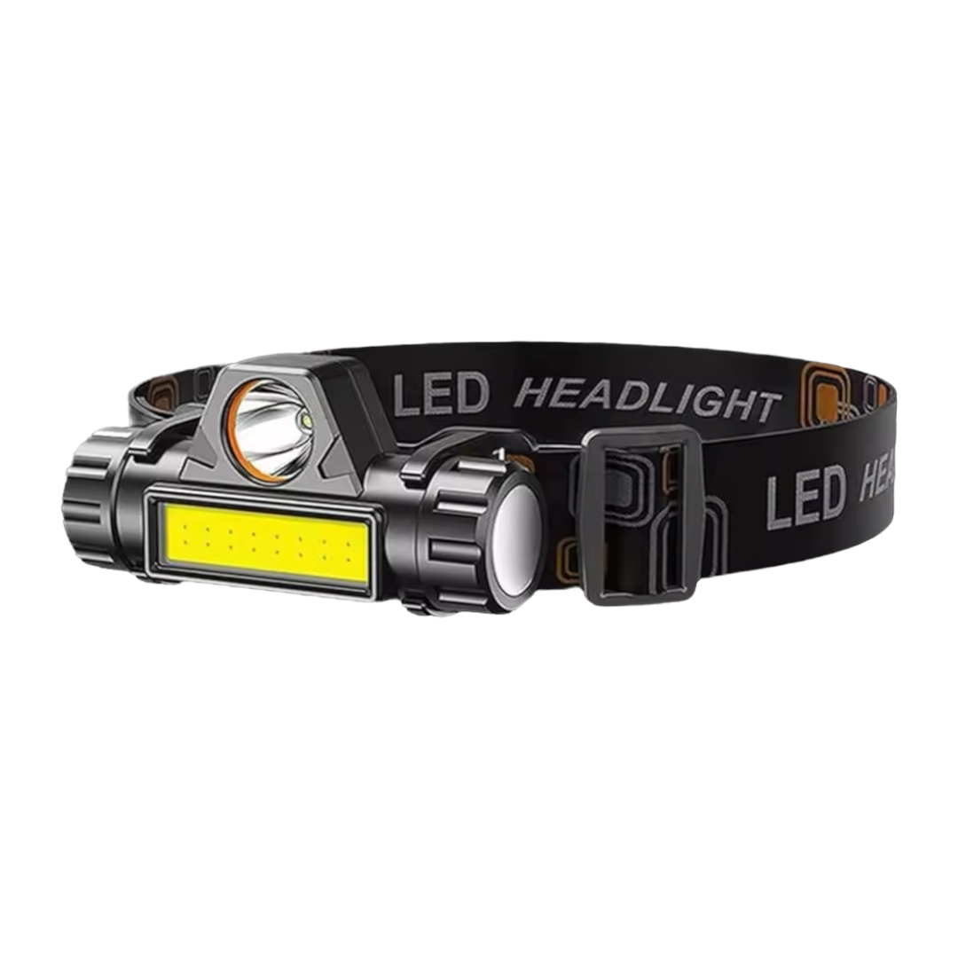 Waterproof rechargeable COB LED head torch with adjustable headband, bright illumination, and hands-free design for outdoor activities, camping, and repairs.
