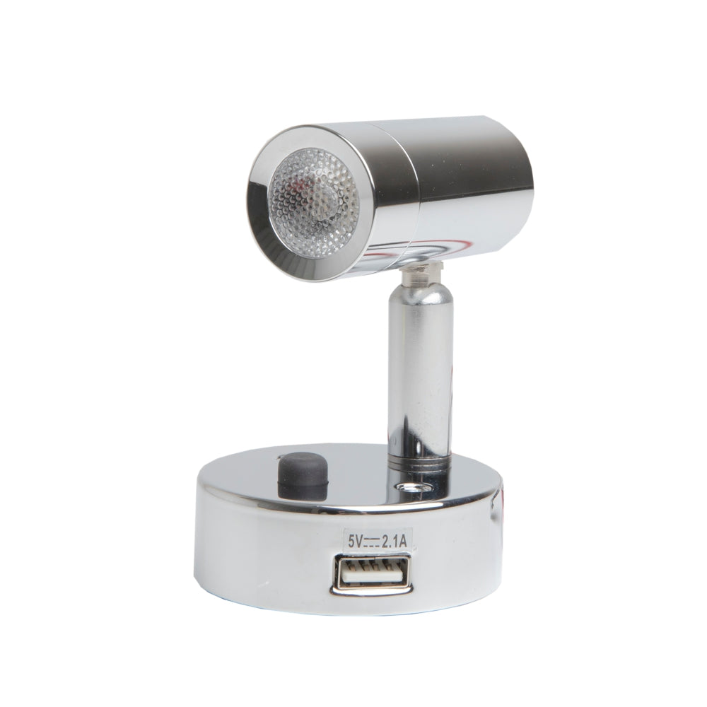 Bailey Nano LED cylinder spotlight with USB socket in polished chrome and natural white light