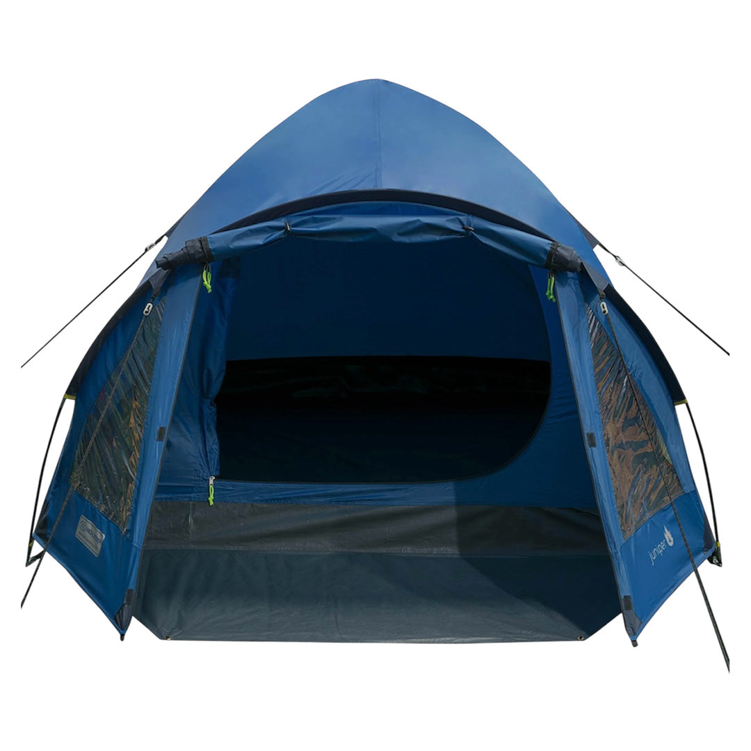  person dome tent by Highlander in deep blue with porch and fast 5-minute pitch time