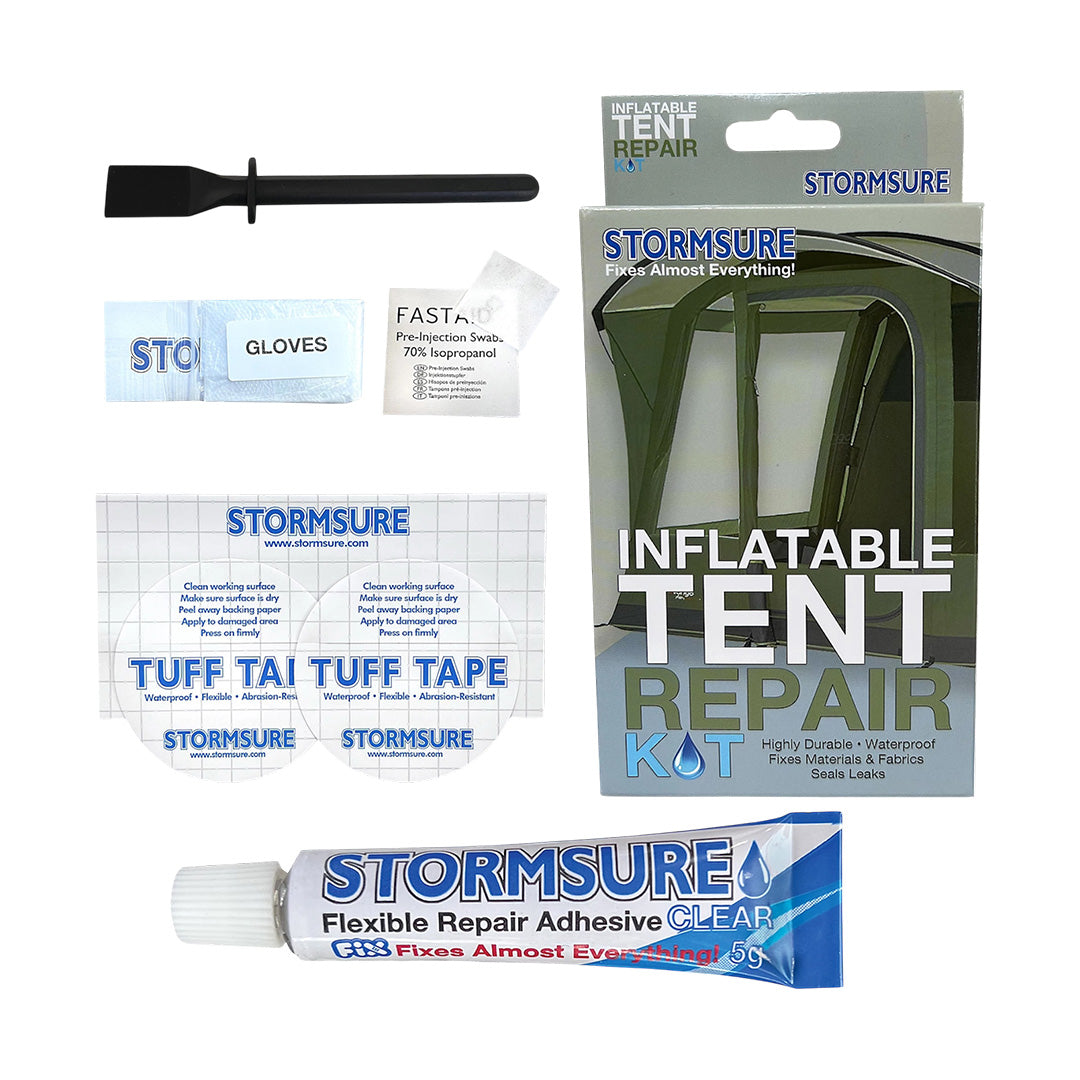 Stormsure repair kit with glue and patches for air tents and caravan inflatable tubes in zip carry case