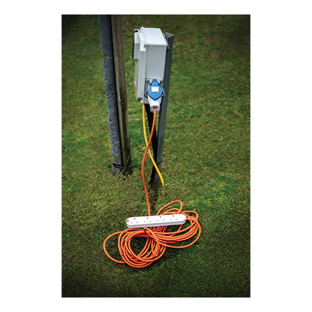 230V caravan mains hookup extension lead with 4 UK sockets for campsite use