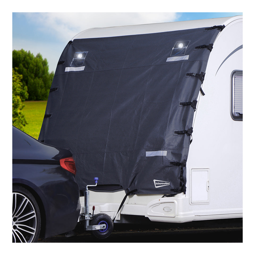 Universal caravan tow protector cover to prevent stone chips, dirt, and bug damage during transit