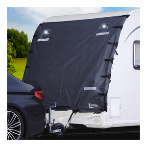 Universal caravan tow protector cover to prevent stone chips, dirt, and bug damage during transit