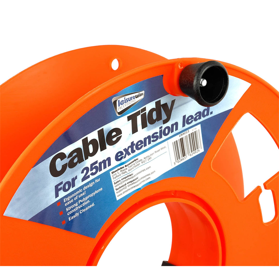 Leisurewize cable tidy reel for storing 25m electric hook-up leads securely
