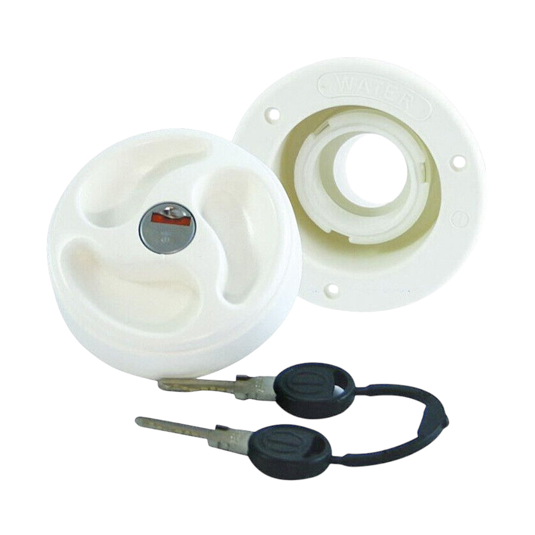 40mm water tank filler inlet with Zadi lock and keys in white for caravan and motorhome onboard tanks