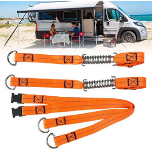 Caravan and motorhome awning storm strap kit with adjustable orange straps, springs and buckles