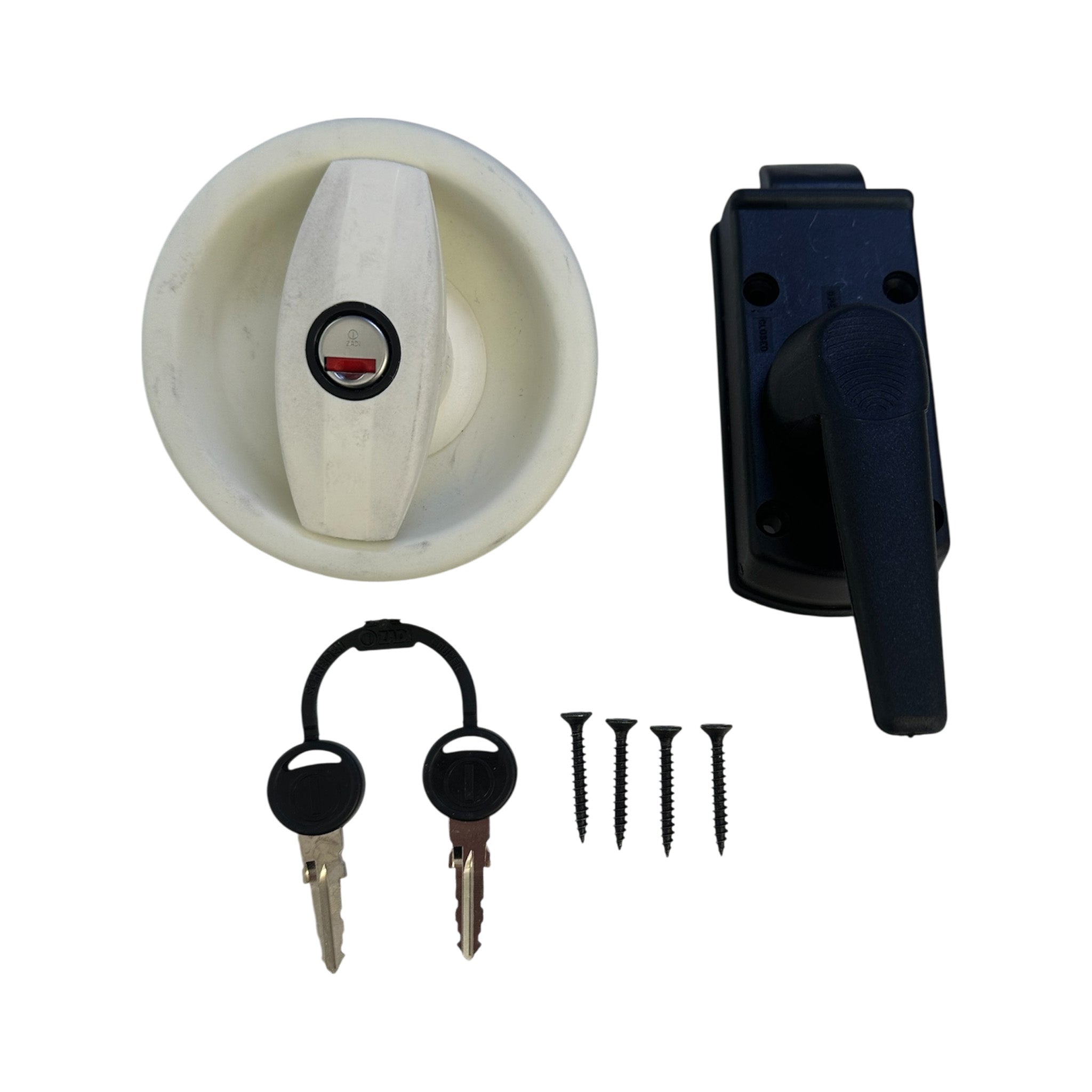 Replacement Zadi left hand door lock for caravans and motorhomes, cream finish with interior handle and keys