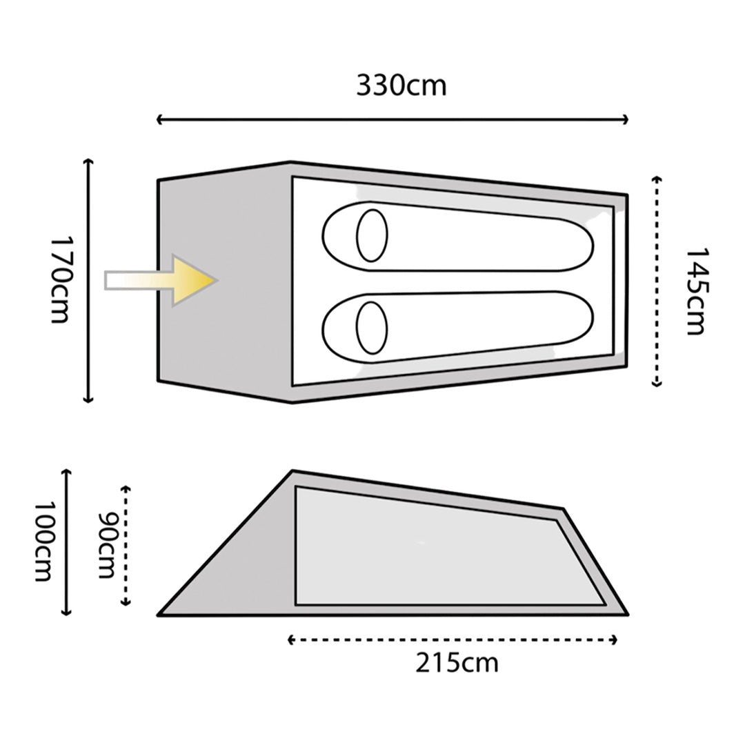 Compact and packable Highlander Blackthorn tent for two campers in remote location.