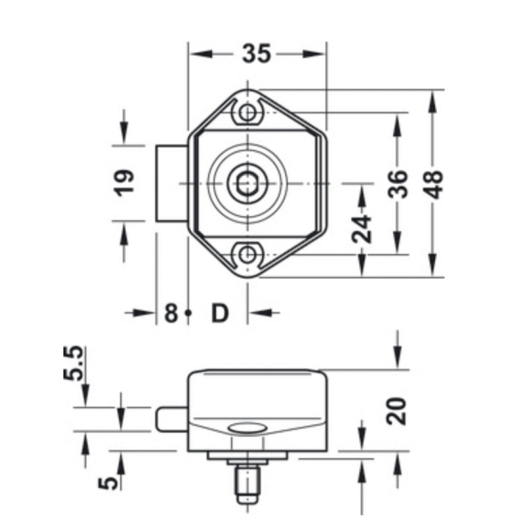 Häfele 211.61.106 Mini Push-Lock rim lock dimensions and 15mm backset
