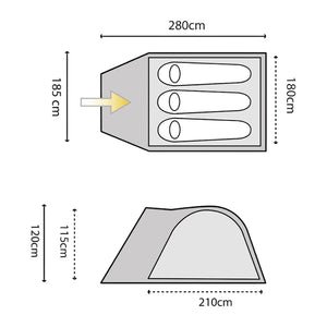 Durable hiking tent for 3 adults with sewn-in porch floor and carry bag