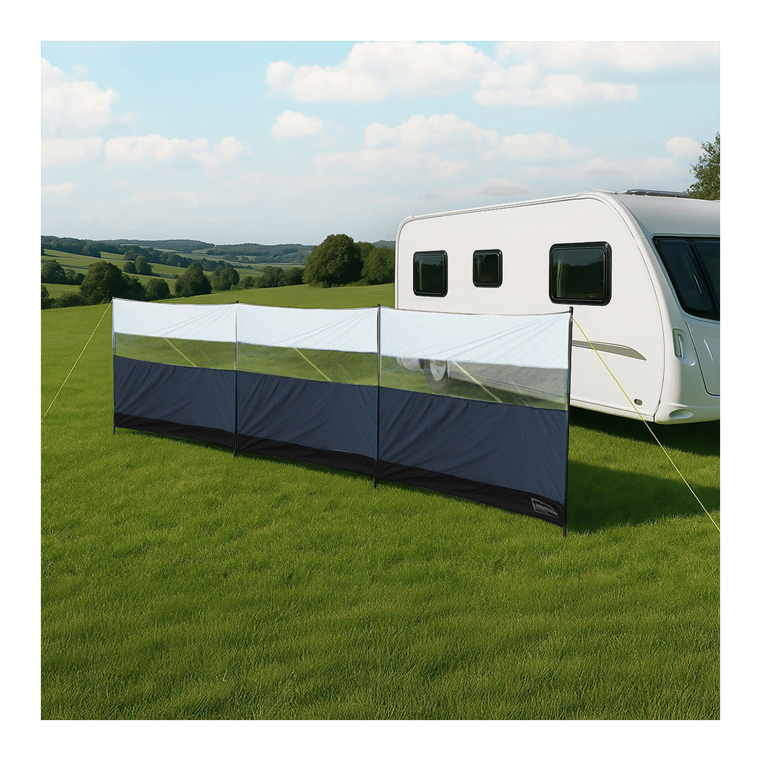 Leisurewize 3 panel polyester windbreak with steel poles for caravan, beach, and festival use.