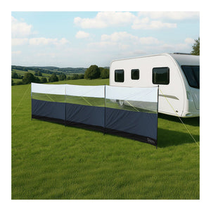 Leisurewize 3 panel polyester windbreak with steel poles for caravan, beach, and festival use.