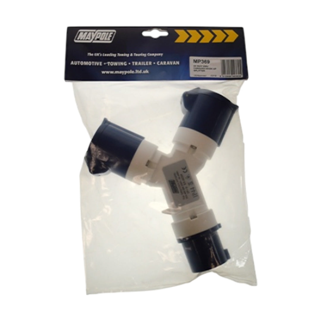 Maypole 230V 16A to 2x13A caravan hook-up splitter with IP44 splash-resistant rating for motorhome and camping power