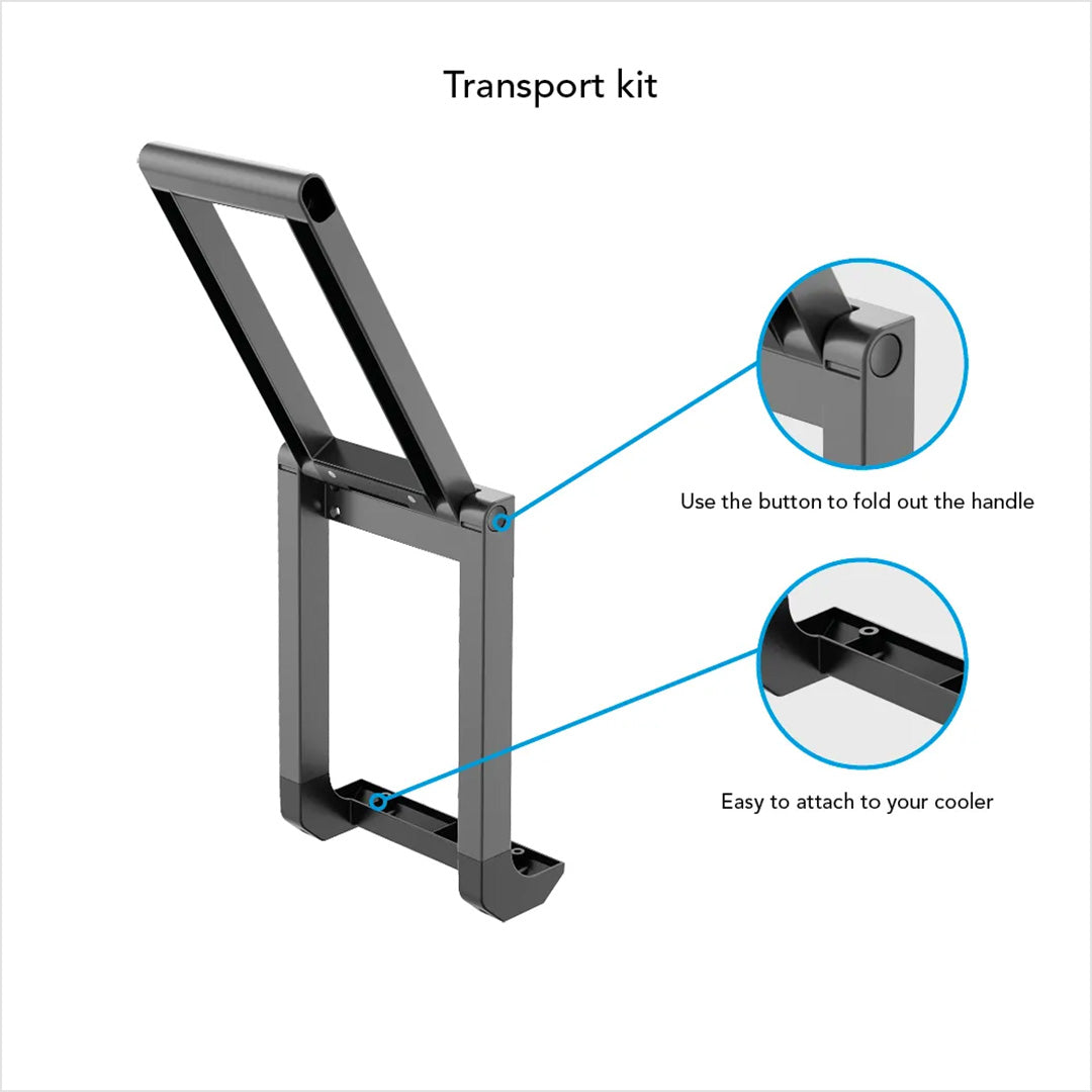 fold out handle on mestic transport pack for mccm cool box showing attachment point