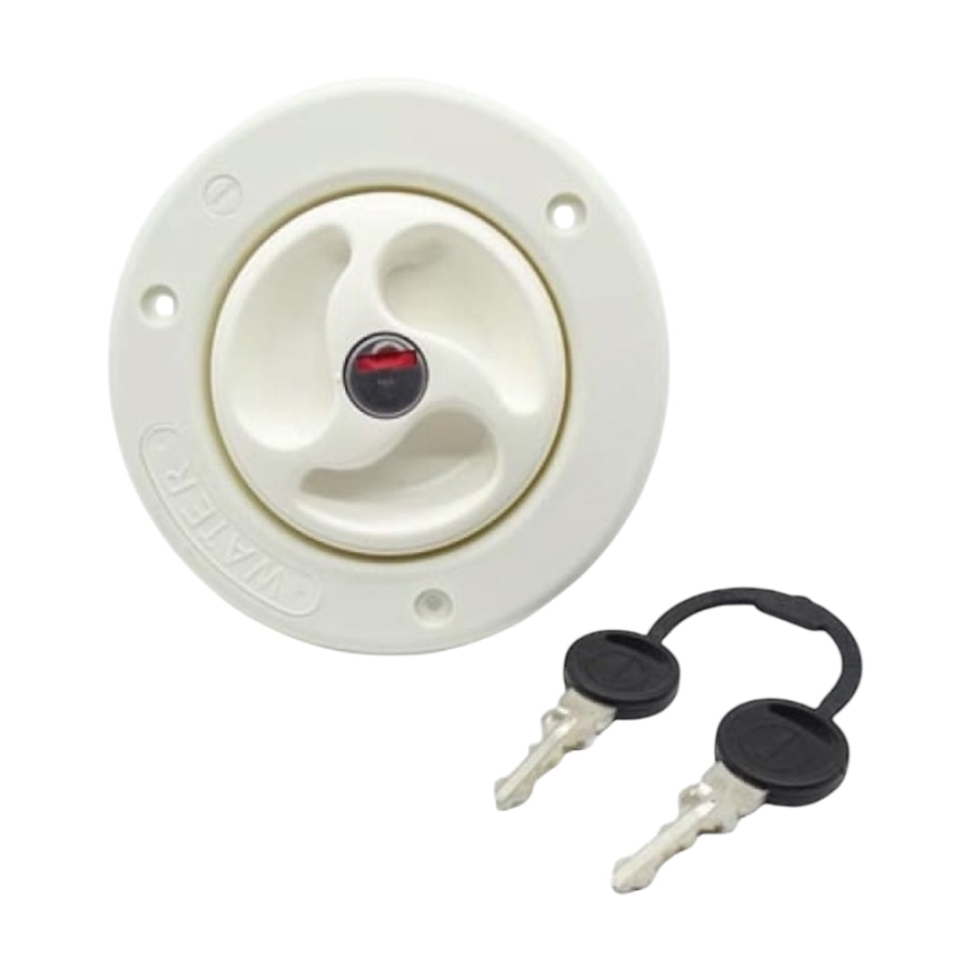 40mm motorhome water tank filler inlet with Zadi lock and keys in white – secure cap and fitting for onboard tanks