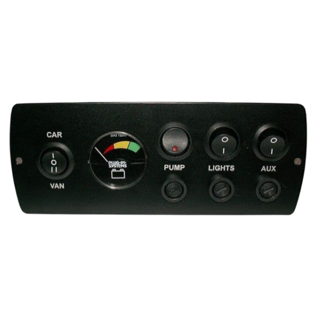Plug-In Systems 12V triple control panel for campervans, caravans, and motorhomes. Tells you the battery health of your leisure battery and more.