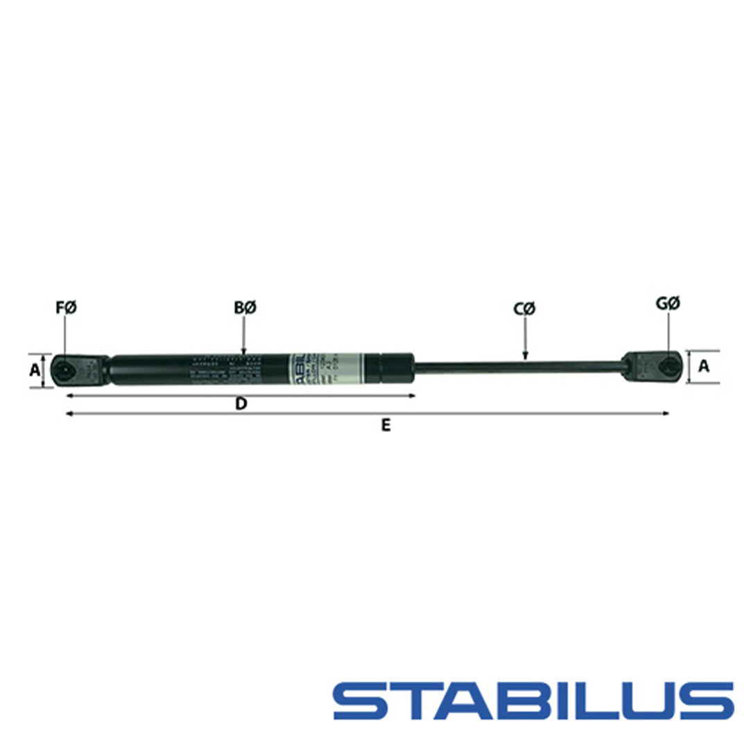 Stabilus MP1155B 125N gas strut dimensions showing 285mm extended length for caravan gas lockers