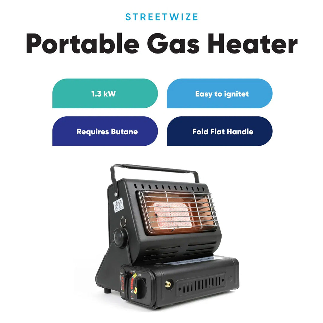 Streetwize portable gas heater graphic highlighting 1.3 kW output butane cartridge fuel and fold flat carry handle
