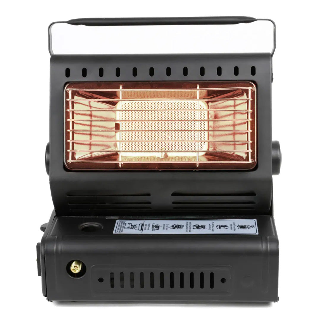 Streetwize 2 in 1 portable gas heater and camping stove 1.3 kW front view with ceramic burner lit