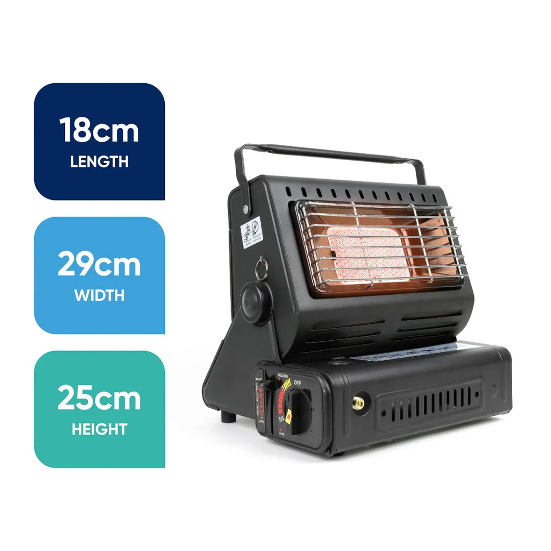 Streetwize portable camping gas heater showing 29 cm width 25 cm height and 18 cm length for caravan and outdoor use