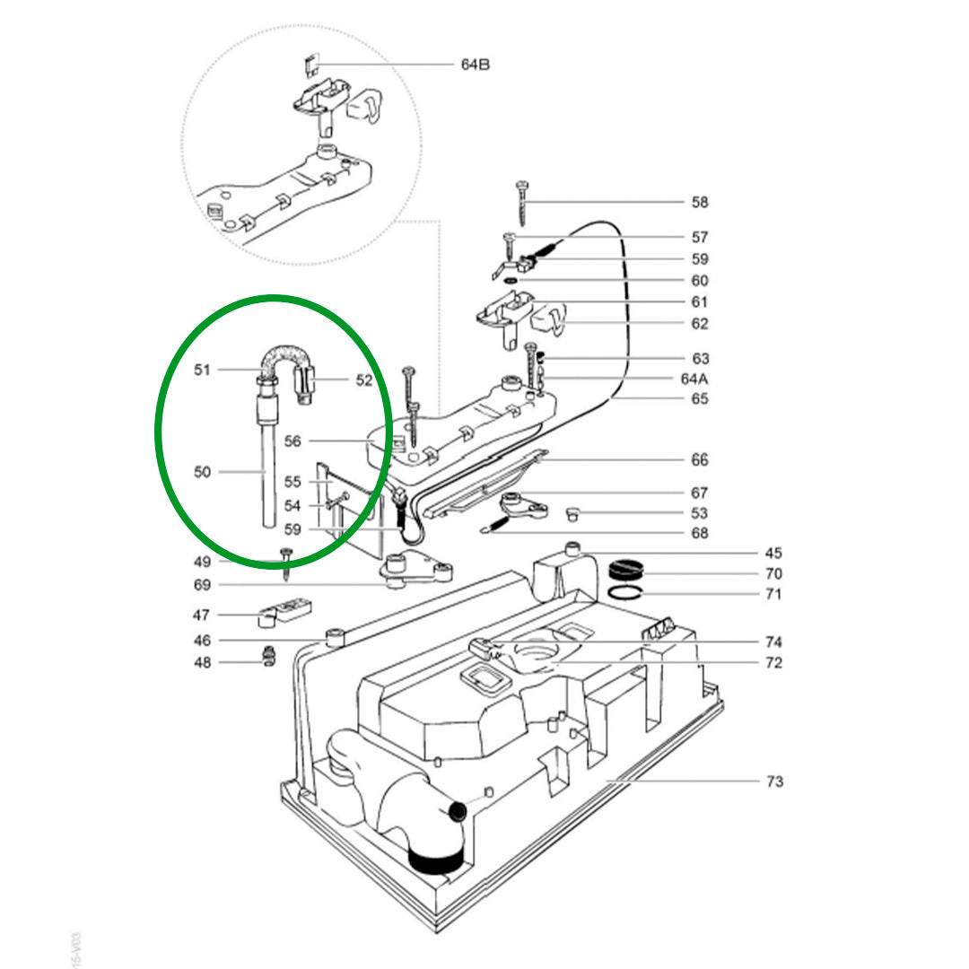 Thetford C2 C4 cassette toilet parts diagram showing right hand drain tube 21371
