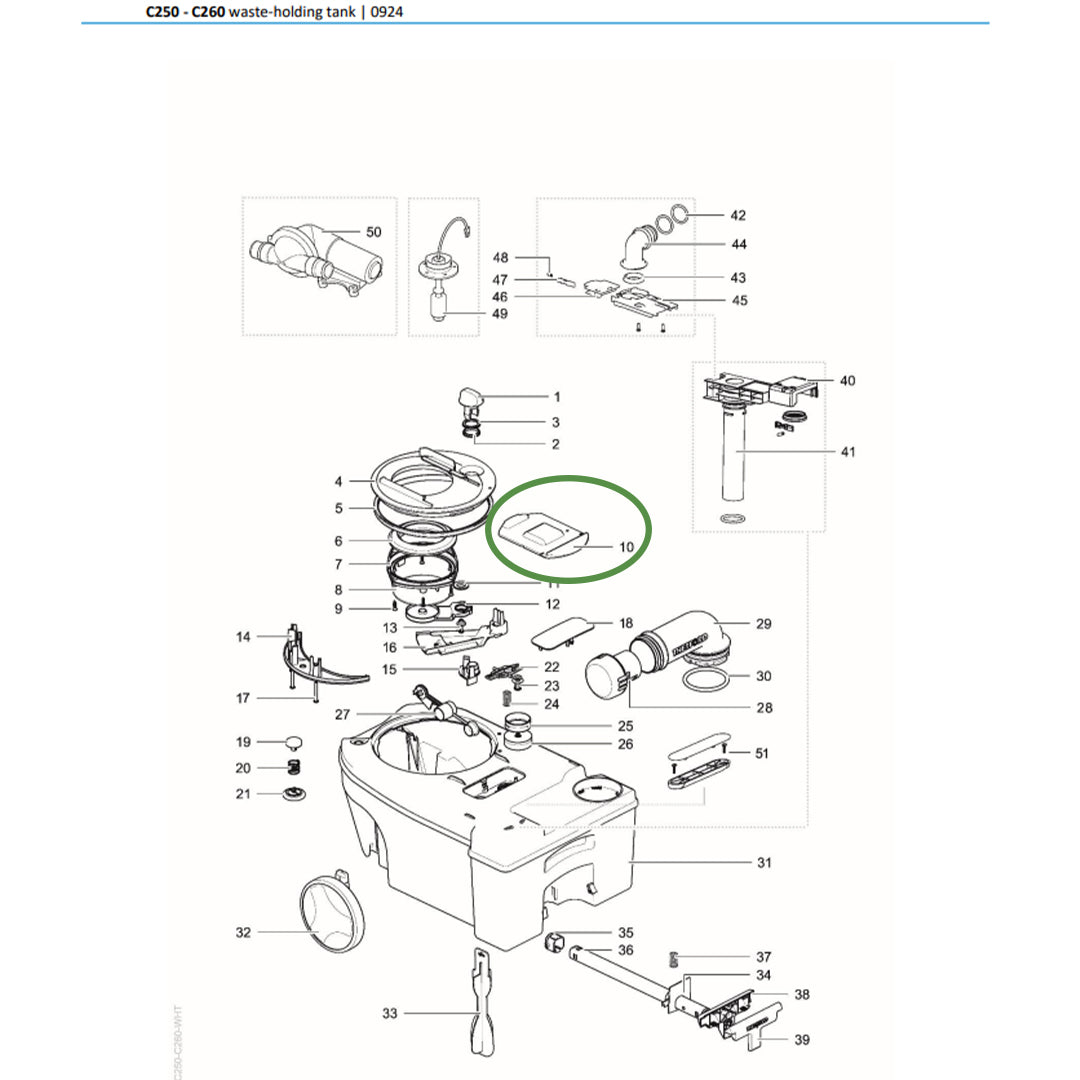 Thetford C250 C260 cassette parts diagram showing sliding cover 5071806 circled