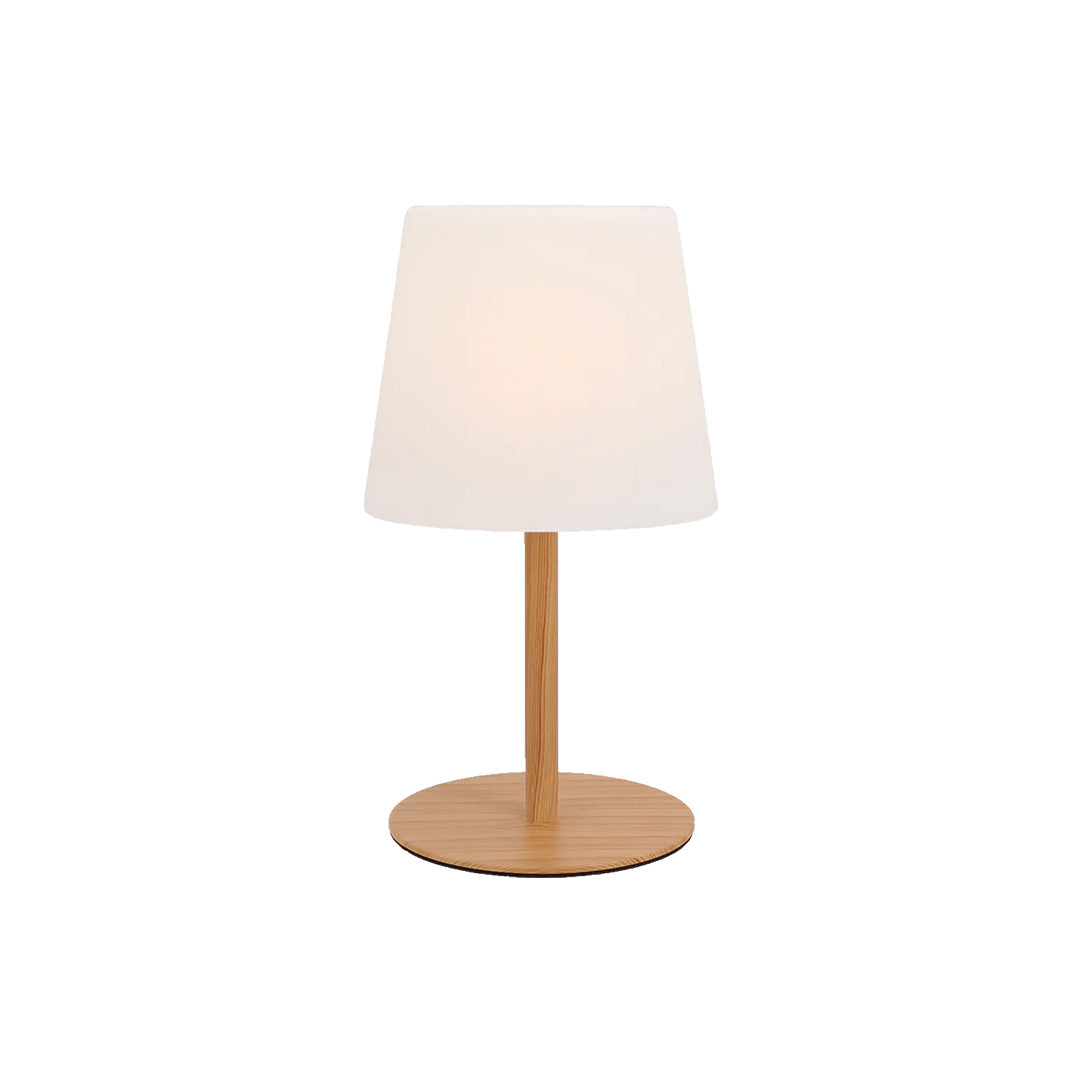 Travellife Elin rechargeable camping lamp with wood-effect stem and white shade, ideal for caravan and motorhome use