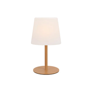 Travellife Elin rechargeable camping lamp with wood-effect stem and white shade, ideal for caravan and motorhome use