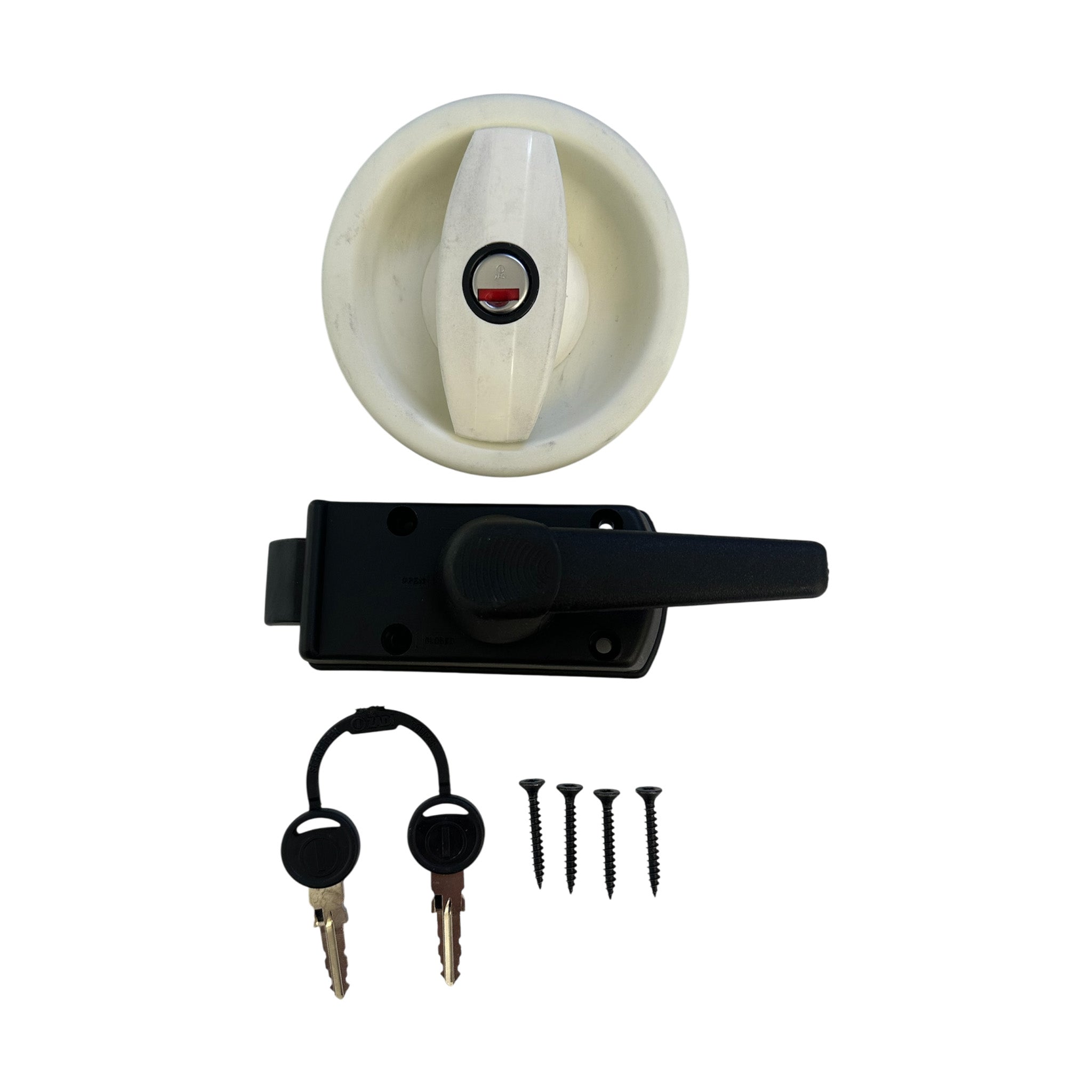 Trigano Zadi left hand caravan and motorhome door lock in cream RAL 9010 with barrel and two keys, part number 804905B