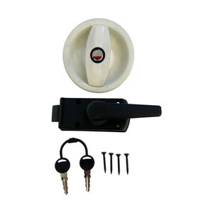 Trigano Zadi left hand caravan and motorhome door lock in cream RAL 9010 with barrel and two keys, part number 804905B